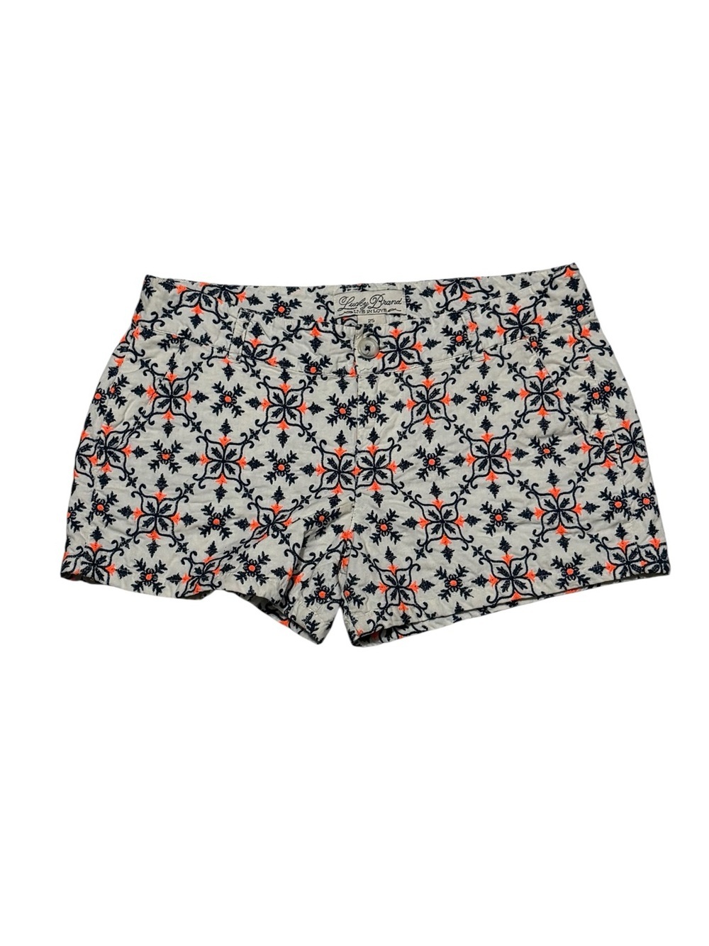 Lucky Brand Cream Navy Orange Tile-Print Women's Lined Shorts Size 25